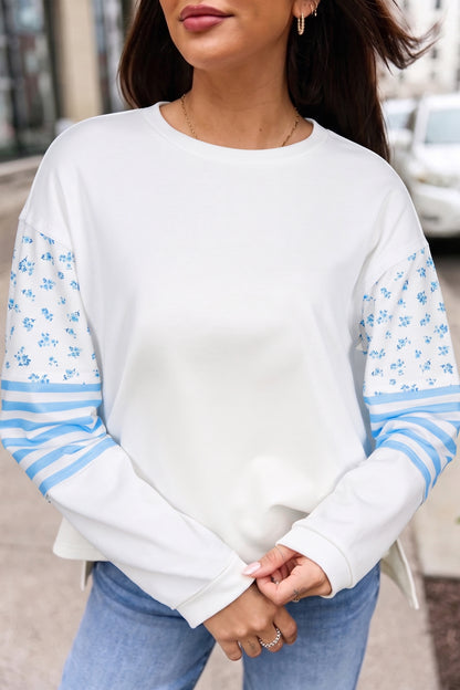 Beige Floral Striped Long Sleeve Contrasted Pullover Top
