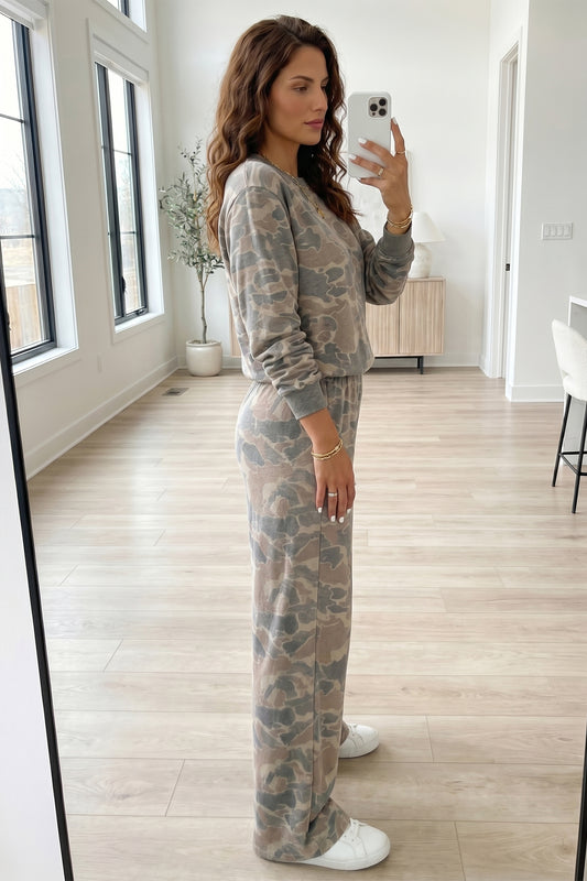 Multicolour Camouflage Print Long Sleeve Top Loose 2pcs Pants Set