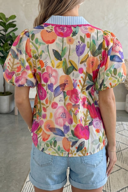 Rose Floral Print V Neck Short Puff Sleeve Cotton Blouse