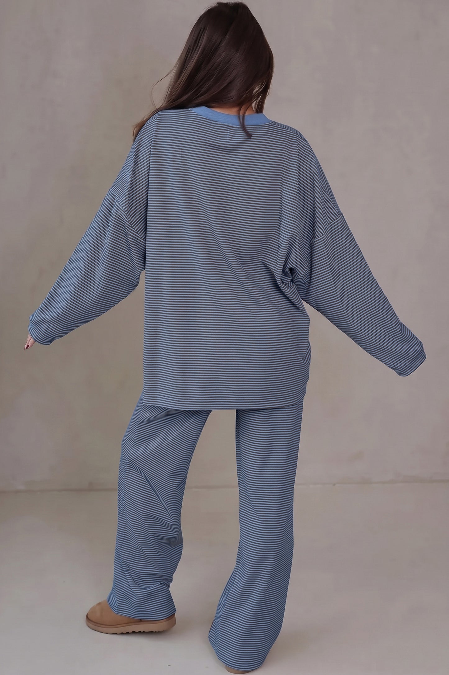 Blue Stripe Contrast Trim Round Neck Oversize Long Sleeve Top 2pcs Pant Set