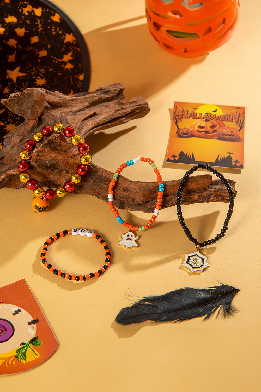 Ensemble de 4 bracelets orange en perles avec toile d'araignée fantôme d'Halloween