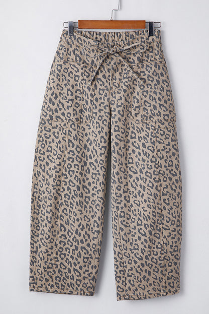 Khaki Leopard Printed Drawstring Elastic Waistband Pocketed Barrel Jeans