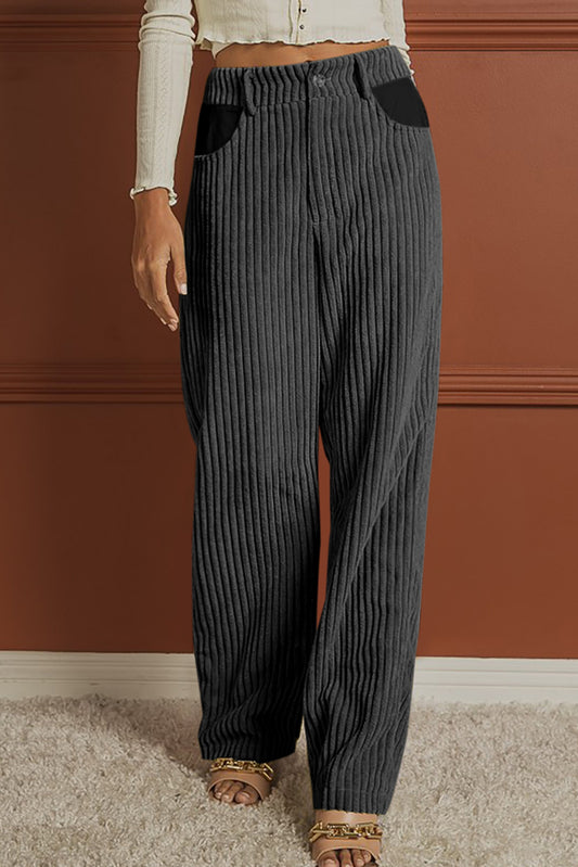 Gray Contrast Patched Pocket Corduroy Wide Leg Pants
