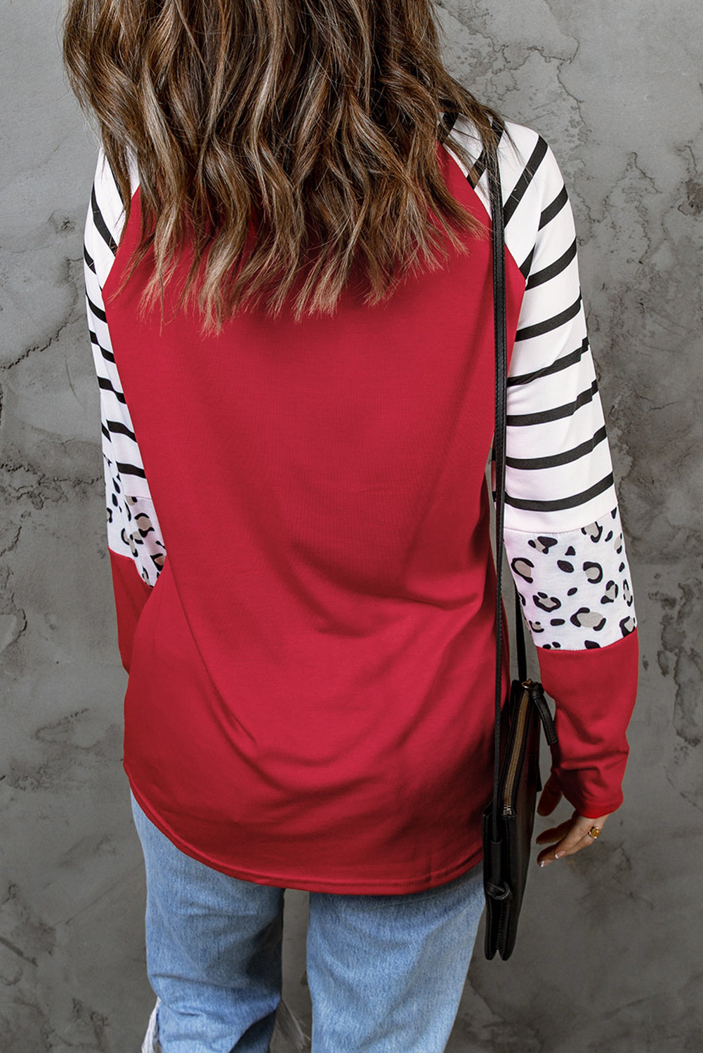 Black Striped Animal Print Colorblock Long Sleeve Top
