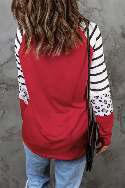 Black Striped Animal Print Colorblock Long Sleeve Top