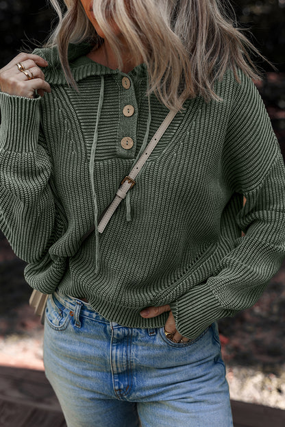 Mist Green Mineral Wash Ribbed Knit Button Drawstring Neck Hooded Sweater
