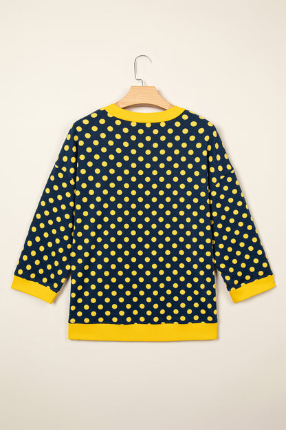 Blue Polka Dot Print Contrast Trim Round Neck Bracelet Sleeve Top