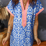 Blue Western Fashion Print Striped Color Block Patchwork Shift Mini Dress