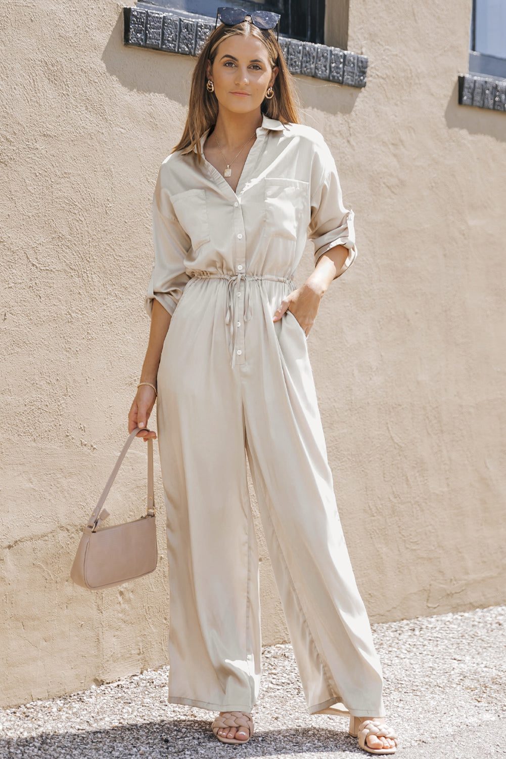 Combinaison à lacets, taille haute, manches longues, jambes larges 