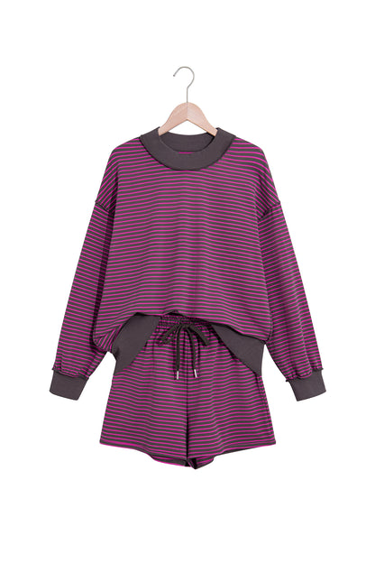Brown Ribbed Patchwork Mock Neck Baggy Pullover Matching Shorts Set
