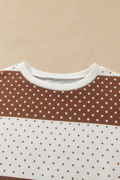 Brown Polka Dot Patchwork Colorblock Long Sleeve Top