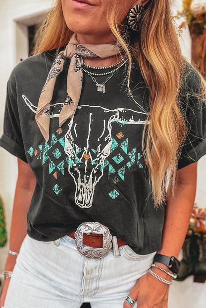 T-shirt gris carbone vintage avec tête de taureau western turquoise et motif aztèque