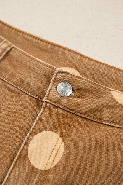 Brown Polka Dot Ankle-Length Metal Button Casual Jeans