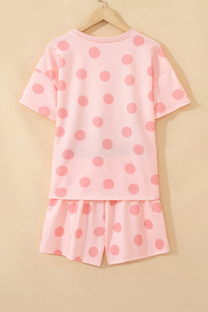 Pink Polka Dot Print Loose Tee Drawstring Elastic Waist Short Set