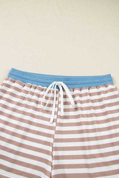 Khaki Stripe Contrast Edge Drop Shoulder Pullover and Shorts Plus Size Set