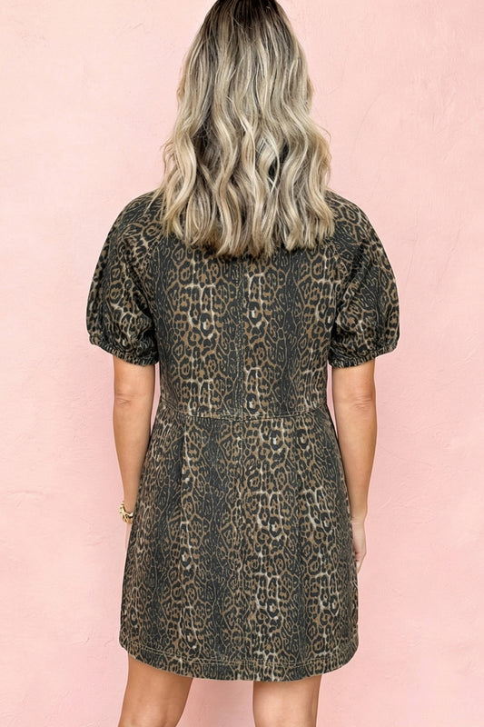 Gray Leopard Print Short Sleeve Pleated Denim Mini Dress