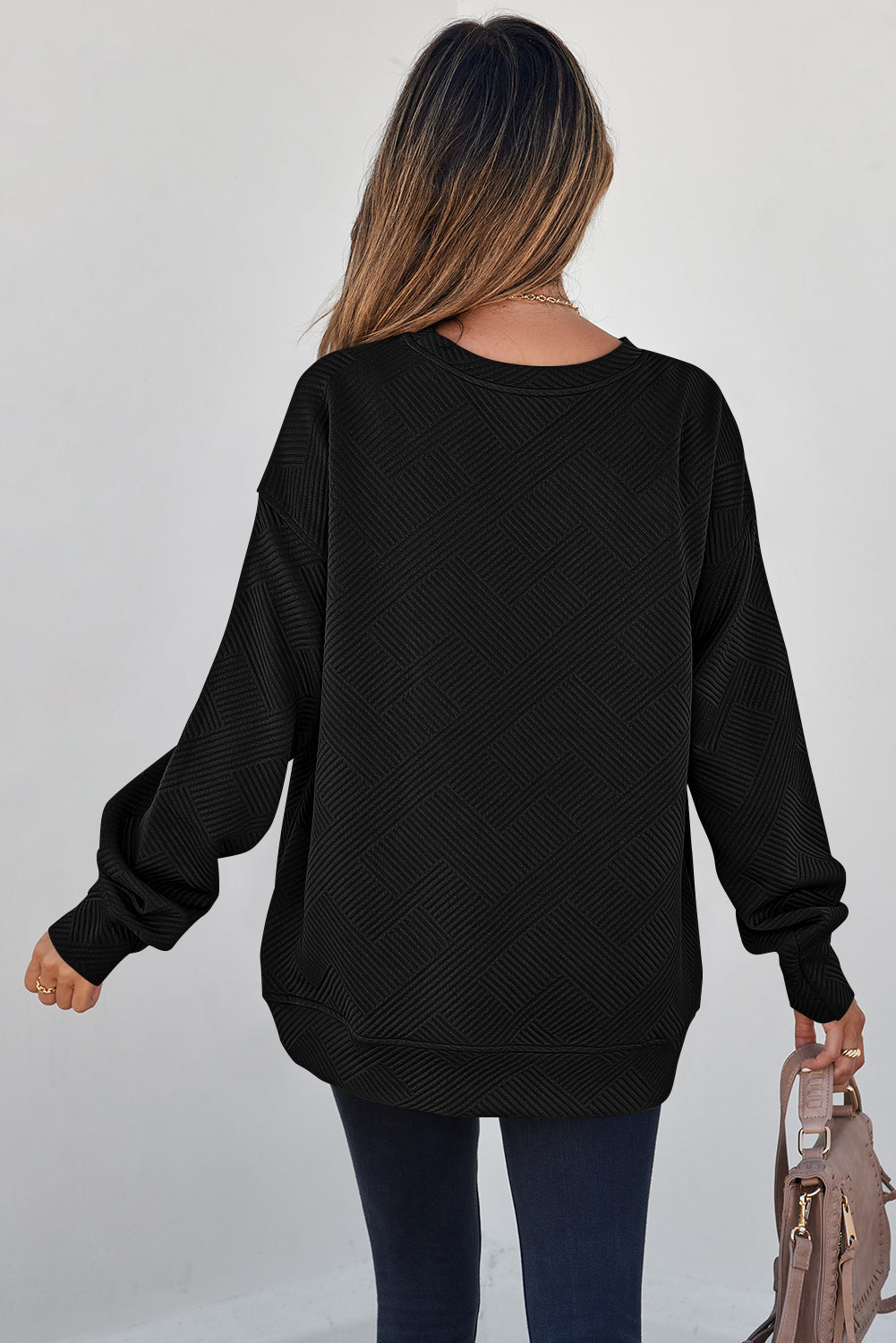 Black Solid Color Textured Round Neck Drop Shoulder Pullover Sweatshirt