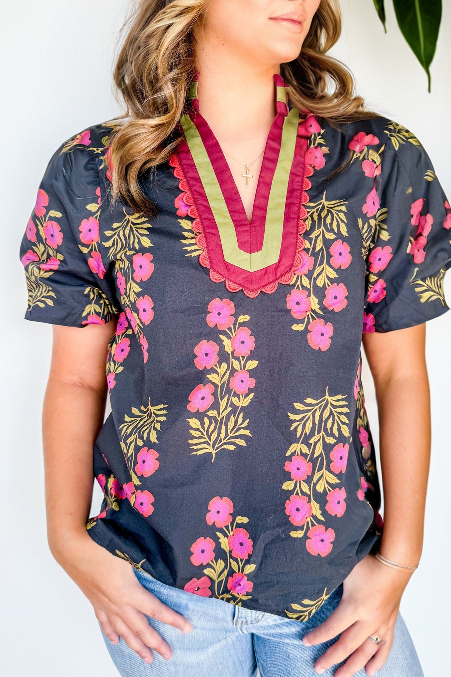 Black Plus Size Floral Print Ricrac Striped Trim Short Sleeve Cotton Blouse