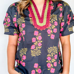 Black Plus Size Floral Print Ricrac Striped Trim Short Sleeve Cotton Blouse