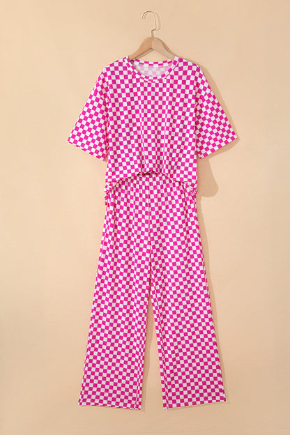 Rose Checkered Print Half Sleeve Tee 2pcs Lounge Pant Set