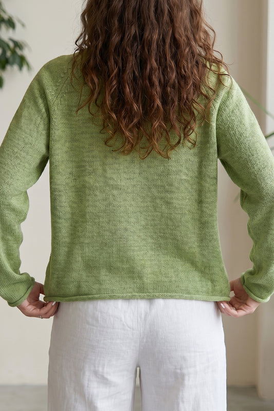 Meadow Mist Green Unique Fish Knit Oversized Round Neck Sweater