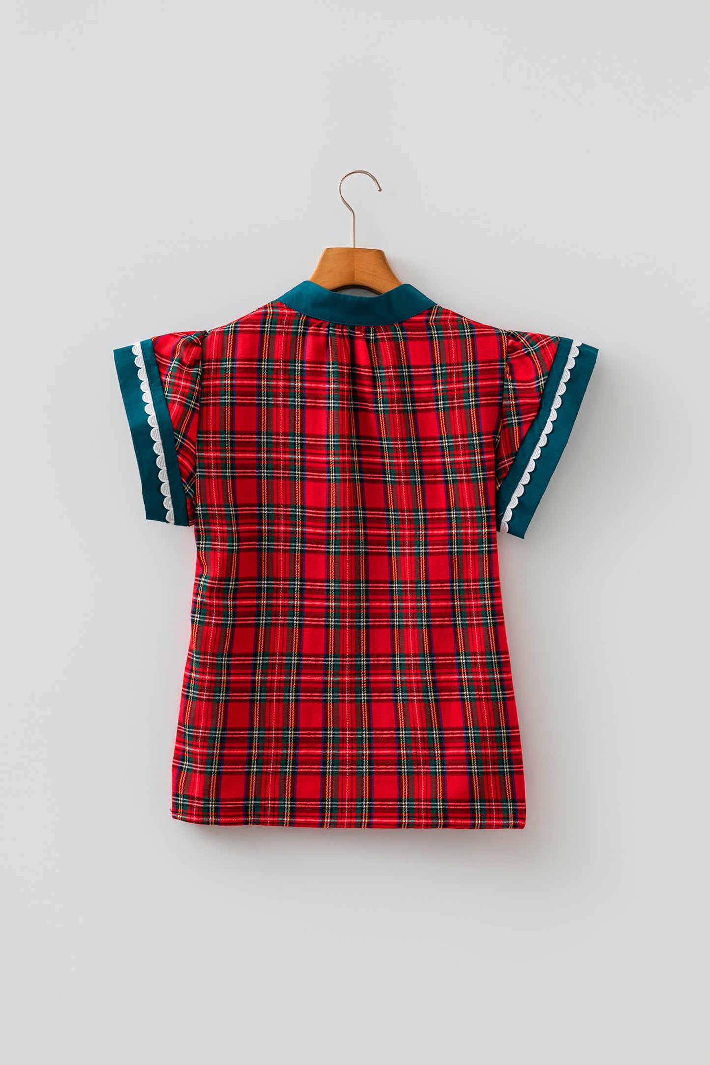 Red Plaid V Neck Short Sleeve Shift Blouse