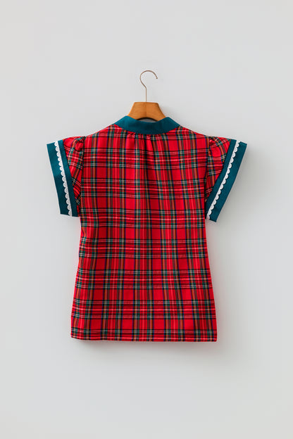 Red Plaid V Neck Short Sleeve Shift Blouse