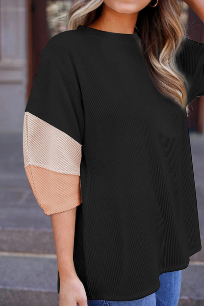 Haut à manches courtes en tricot côtelé à blocs de couleur gris carbone