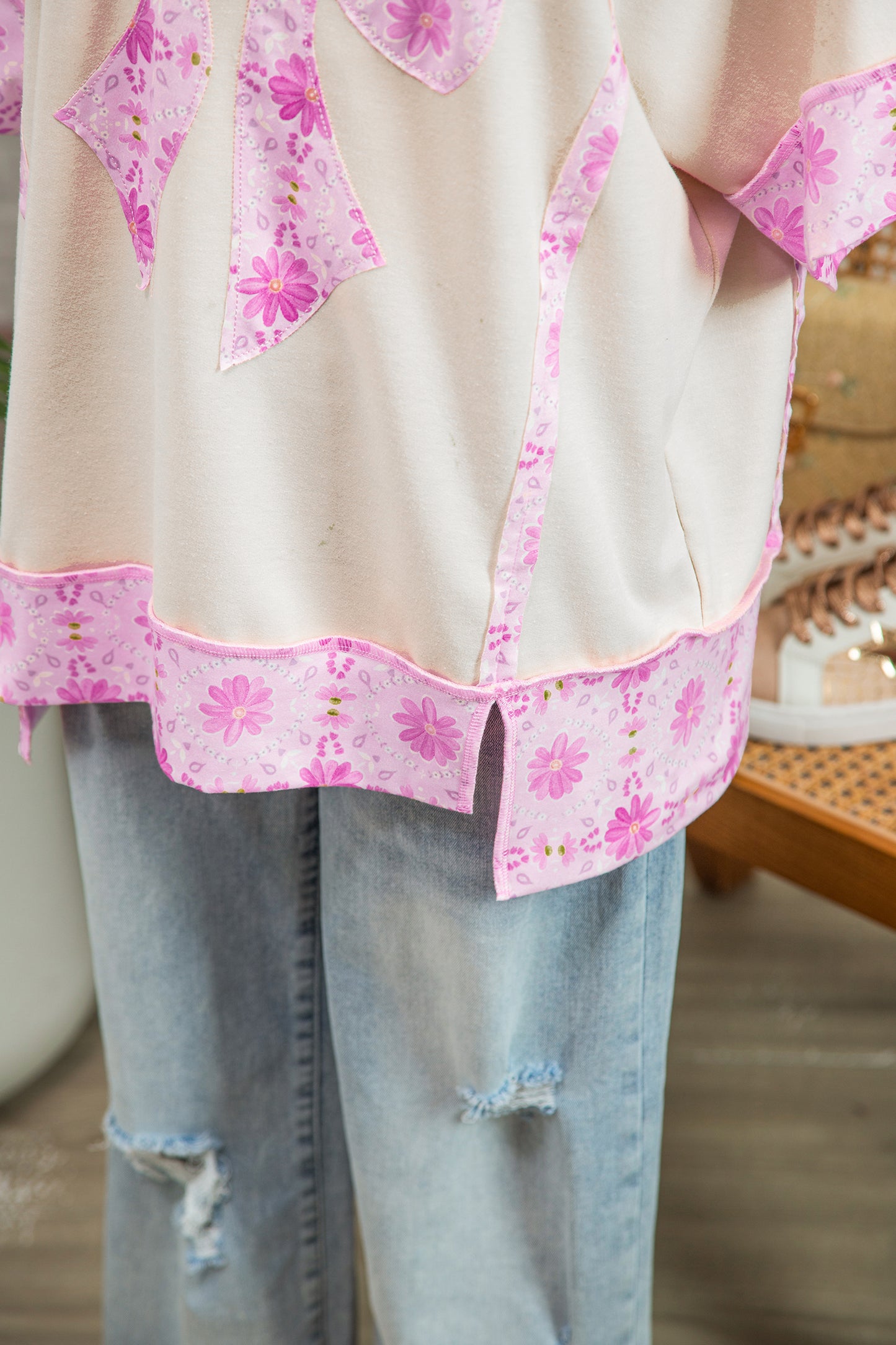 Apricot Daisy Floral Bow Contrast Patchwork Loose T Shirt