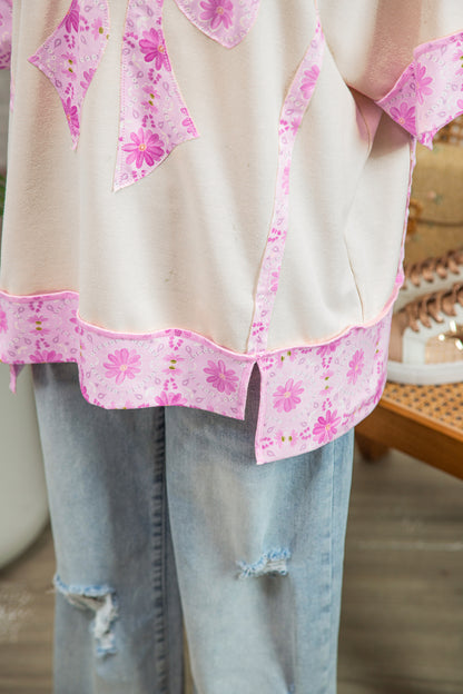 Apricot Daisy Floral Bow Contrast Patchwork Loose T Shirt