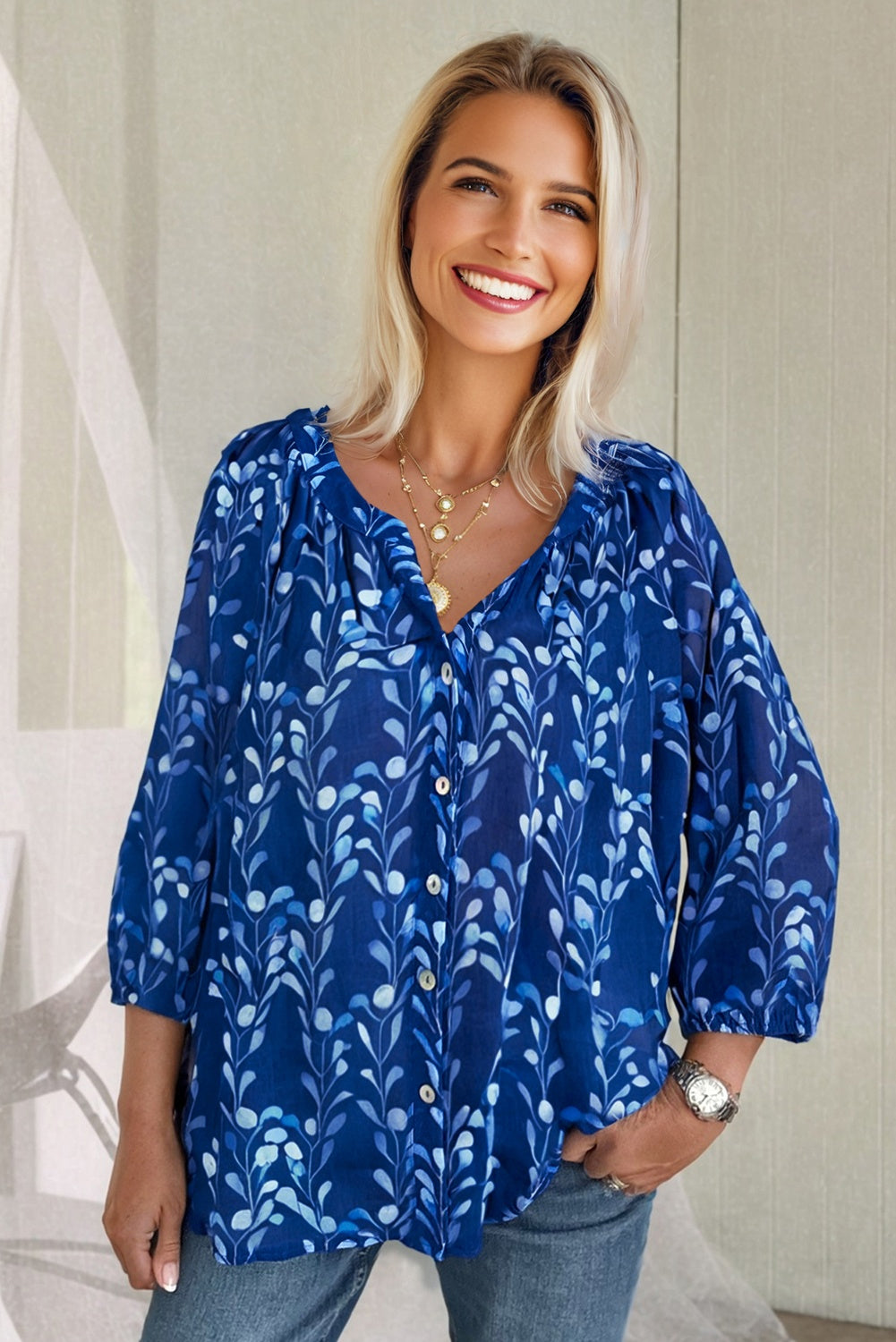 Blue Botanical Print Bracelet Sleeve Notched Neck Blouse