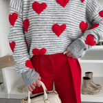 Gray Stripe Contrast Heart Pattern Valentine Knit Sweater