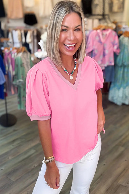 Turquoise Solid Color V Neck Short Puff Sleeve Blouse