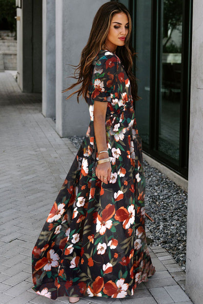 Black Fiery Floral Print Frilled V Neck Short Sleeve Maxi Dress