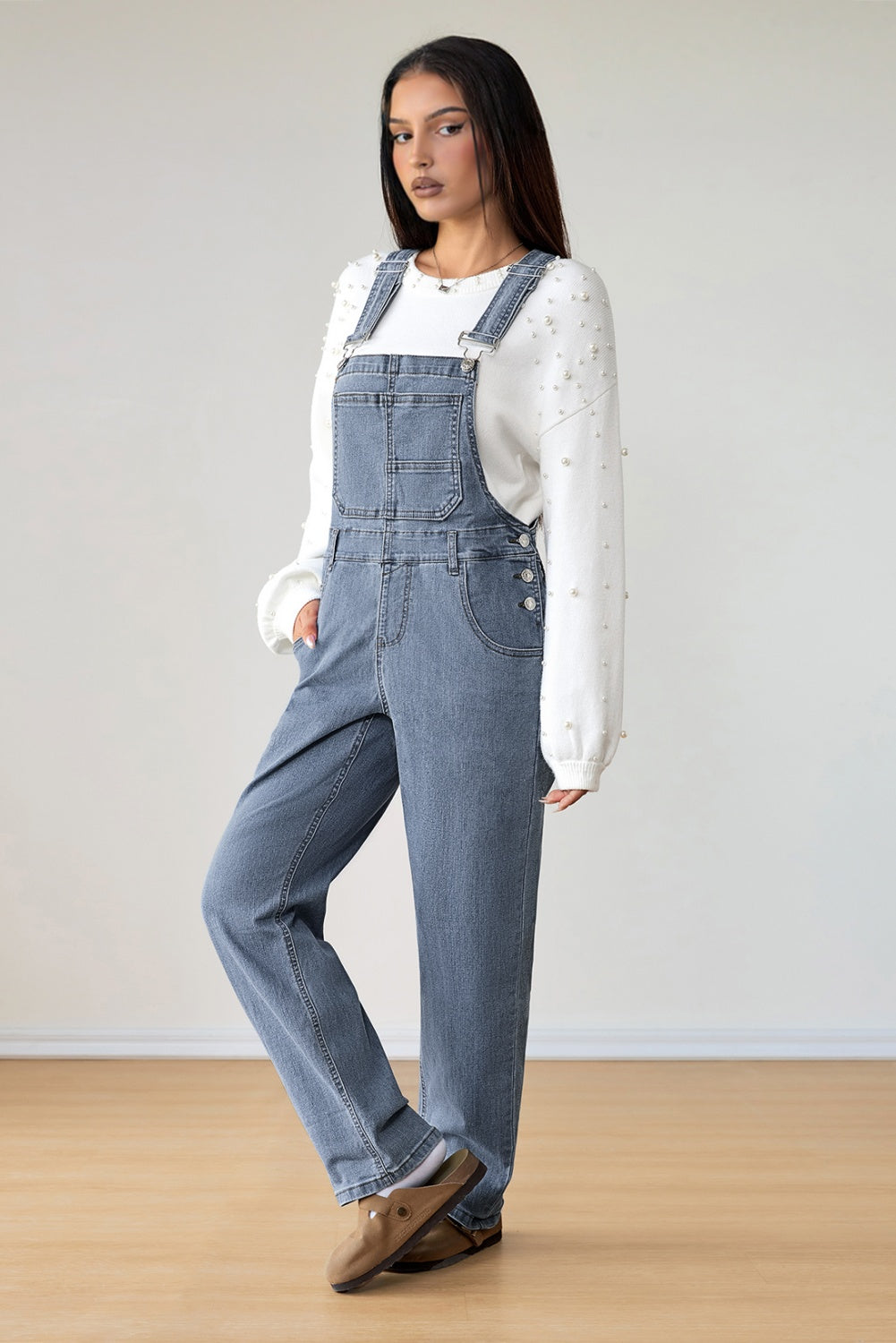 Light Blue Retro Bib Pocket Buckle Straps Casual Denim Jumpsuit