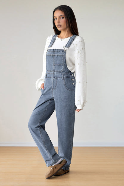 Light Blue Retro Bib Pocket Buckle Straps Casual Denim Jumpsuit