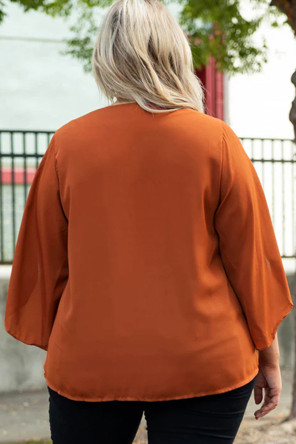 Gold Flame Plus Size Solid Wrapped Ruffled Sleeve V Neck Blouse