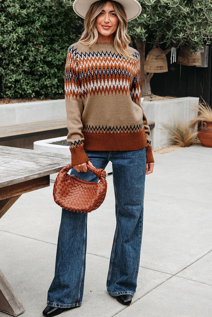 Khaki Aztec Print Colorblock Crew Neck Sweater
