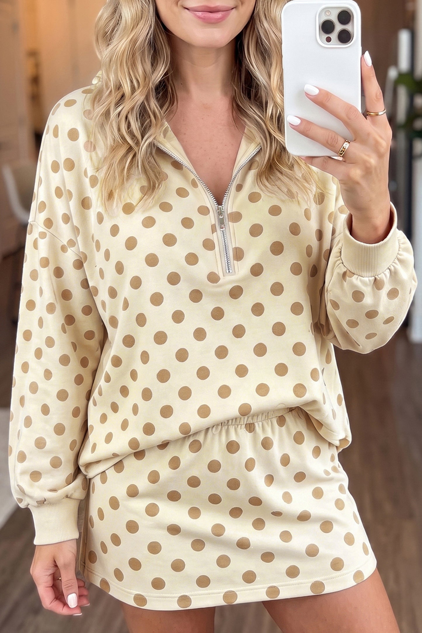 Khaki Polka Dot Hooded Long Sleeve Top Casual Mini Skort Set