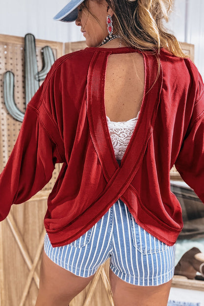 Racing Red Ribbed Detail Drop Shoulder Cutout Back Sweatshirt