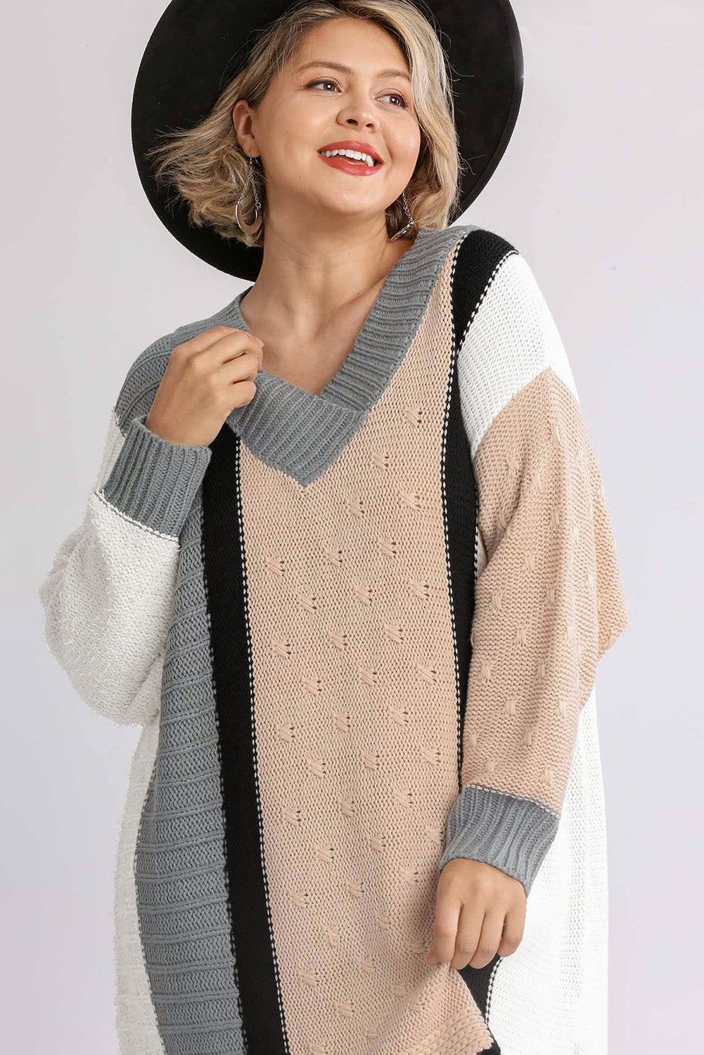 Vestido suéter talla grande bloque de color boucl mixto albaricoque 