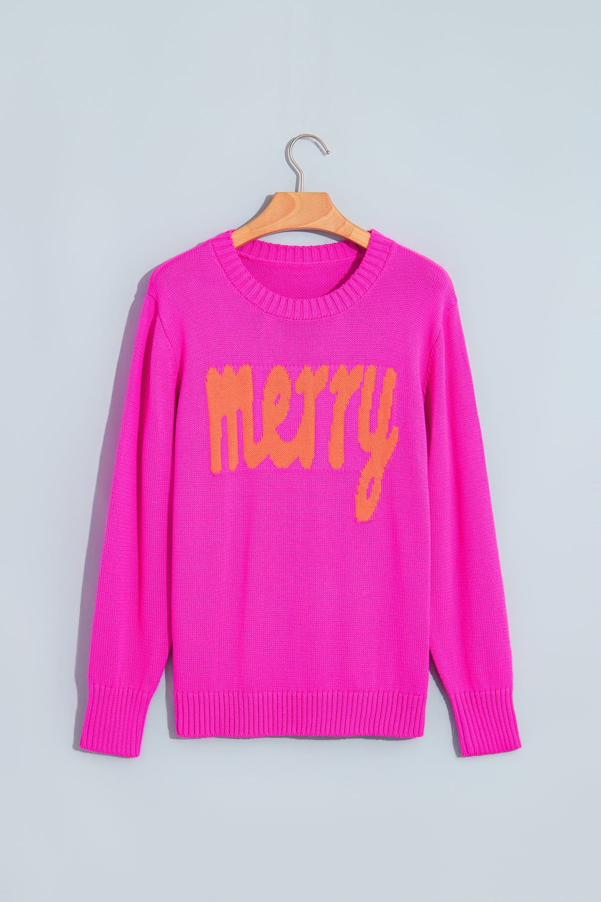Rose Red Merry Print Ribbed Trim Round Neck Loose Fit Sweater