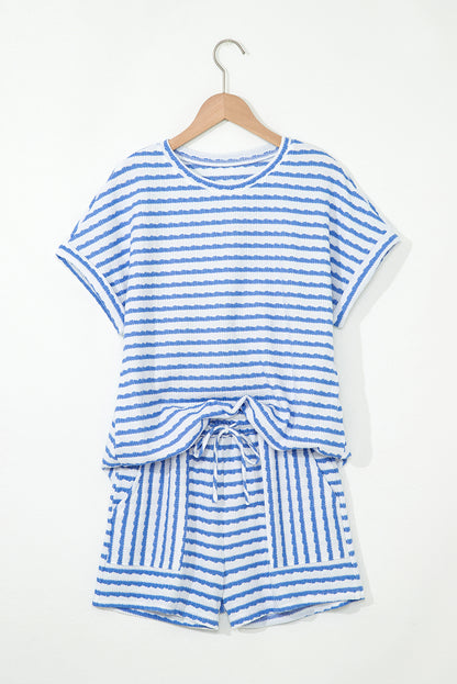 Sky Blue Stripe Knitted Short Sleeve Top and Drawstring Shorts Set