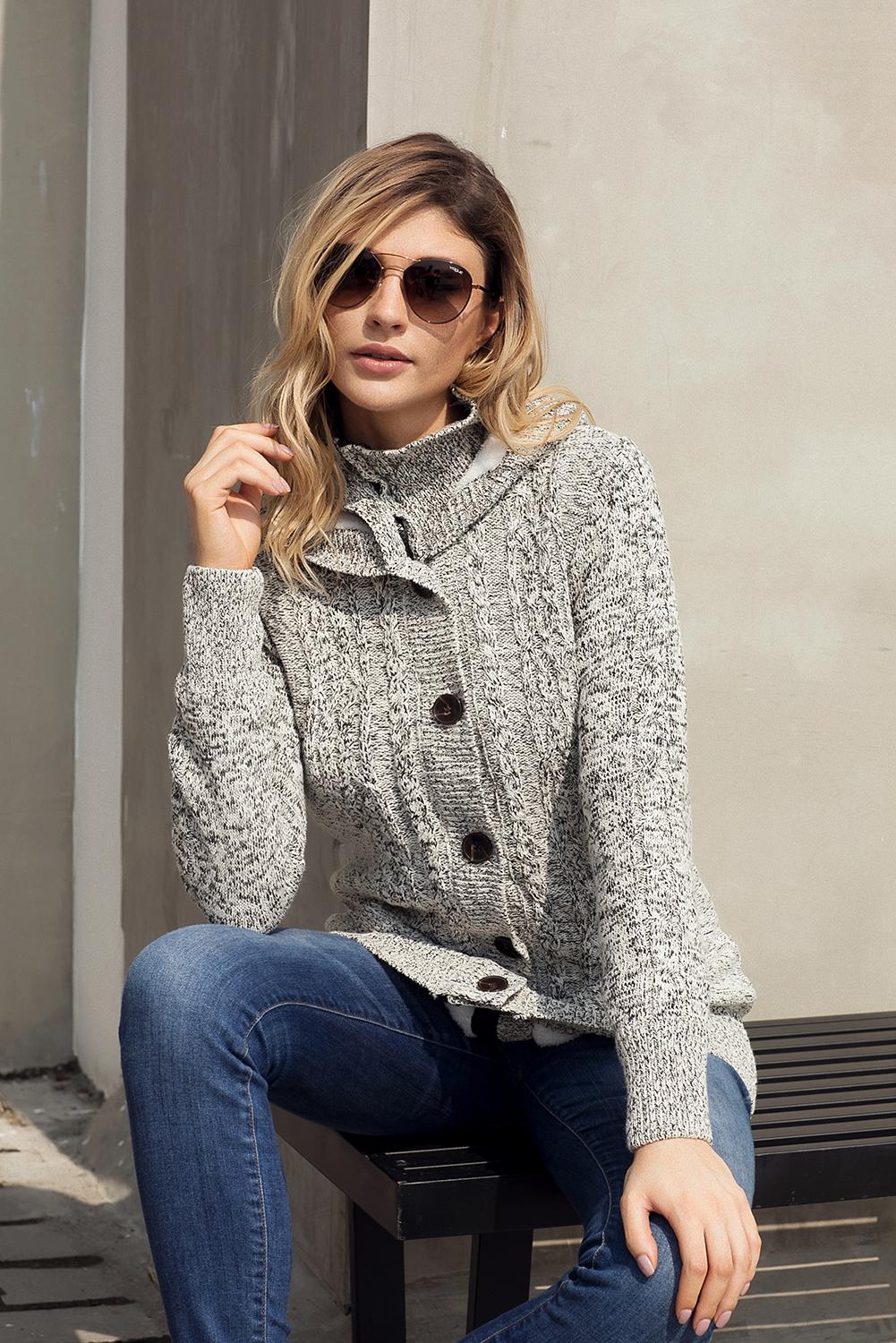 Dark Gray Long Sleeve Button-up Hooded Cardigans