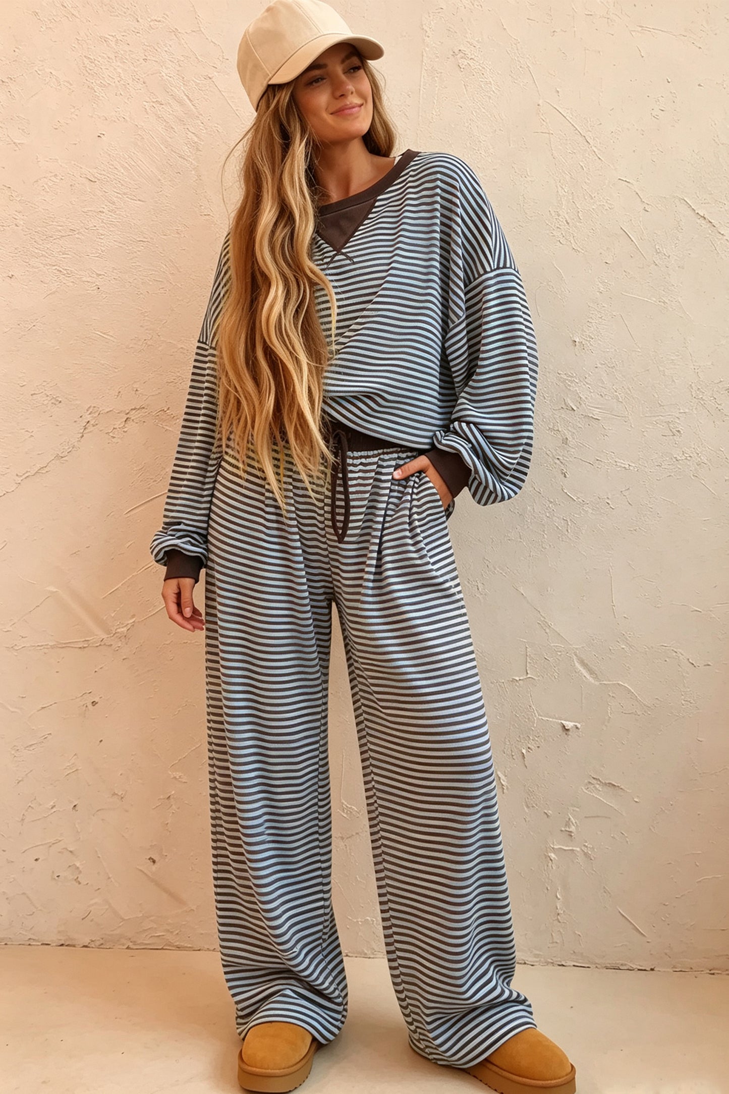 Brown Stripe Drop Shoulder Loose Top and Pants Two Piece Set