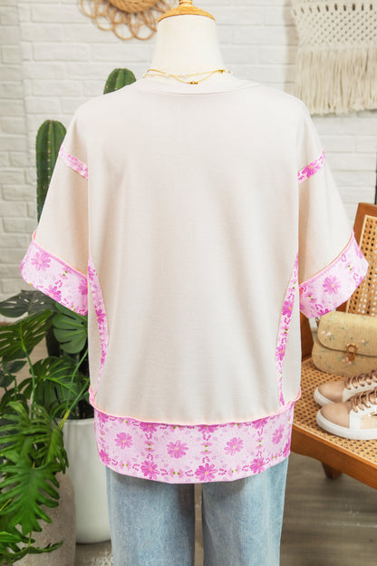 Apricot Daisy Floral Bow Contrast Patchwork Loose T Shirt