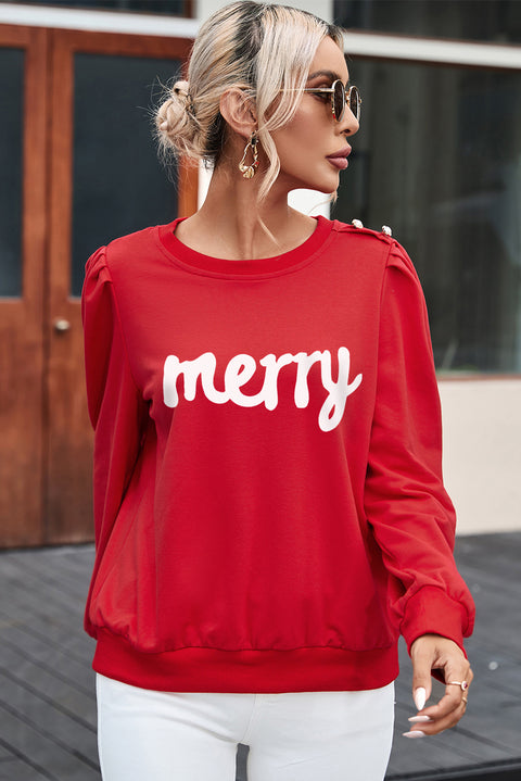 Red merry Graphic Button Tab Bishop Sleeve Top