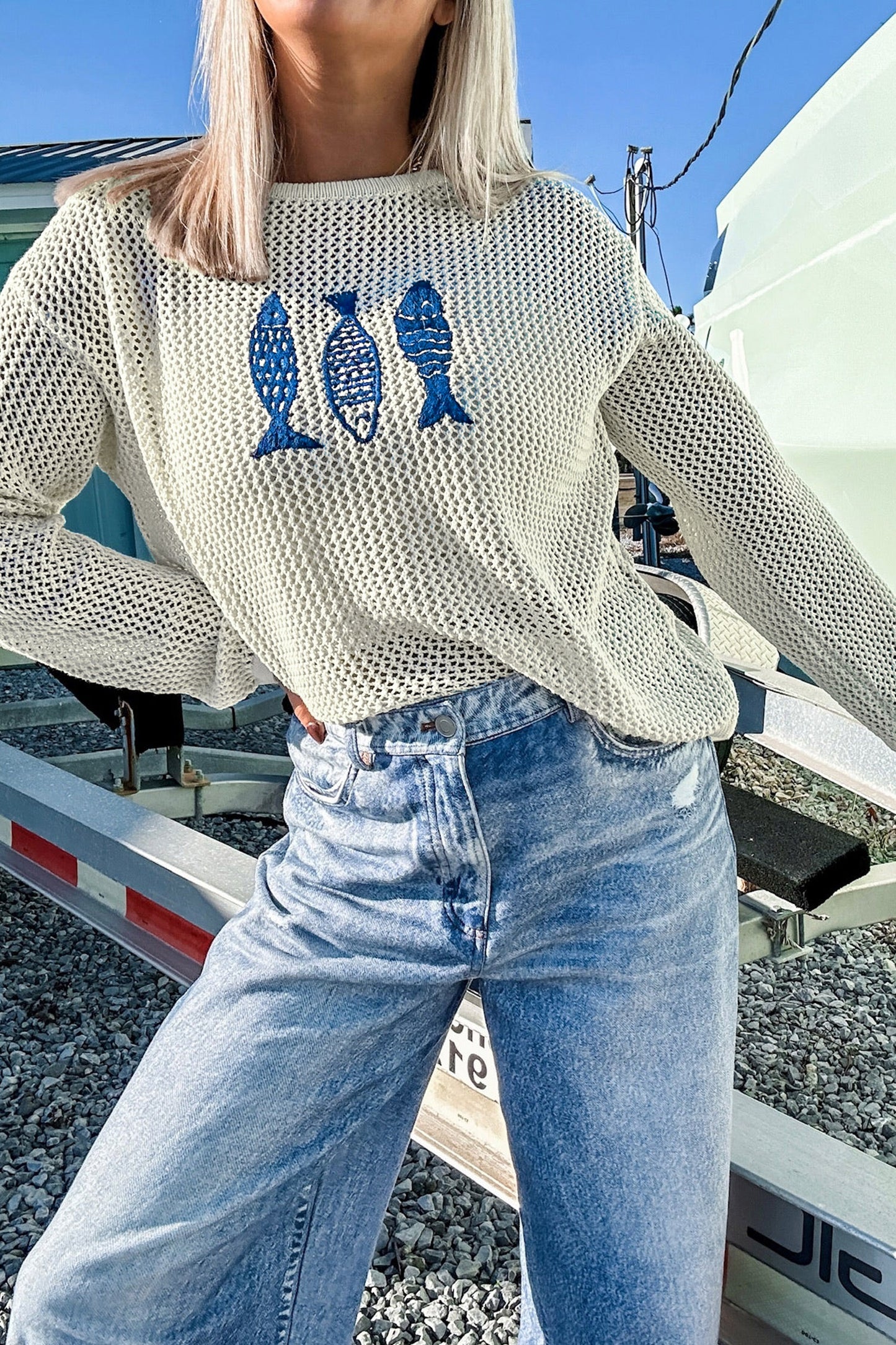 White Open Knit Fish Embroidered Casual Sweater