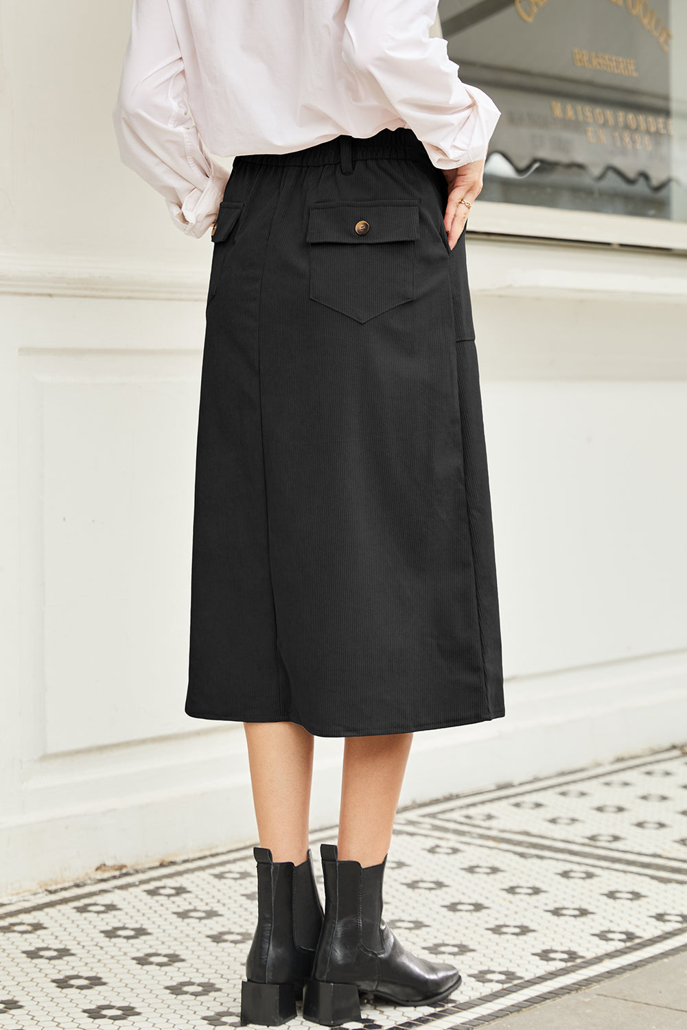 Black Front Slit Shift High Waist Midi Skirt