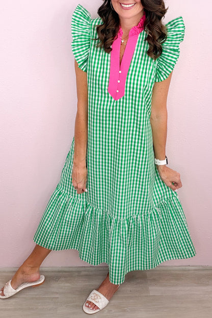 Bright Green Summer Color-Blocked Plaid Pattern Midi Dress